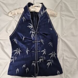 Navy Blue SILK Sleeveless Top with Bamboo Design